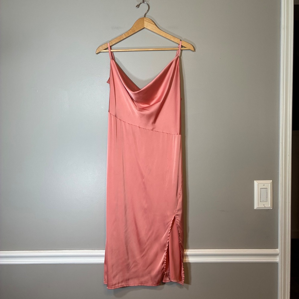 Coral Pink Satin Cowl Neck Midi Slip Dress with Side Slit XL